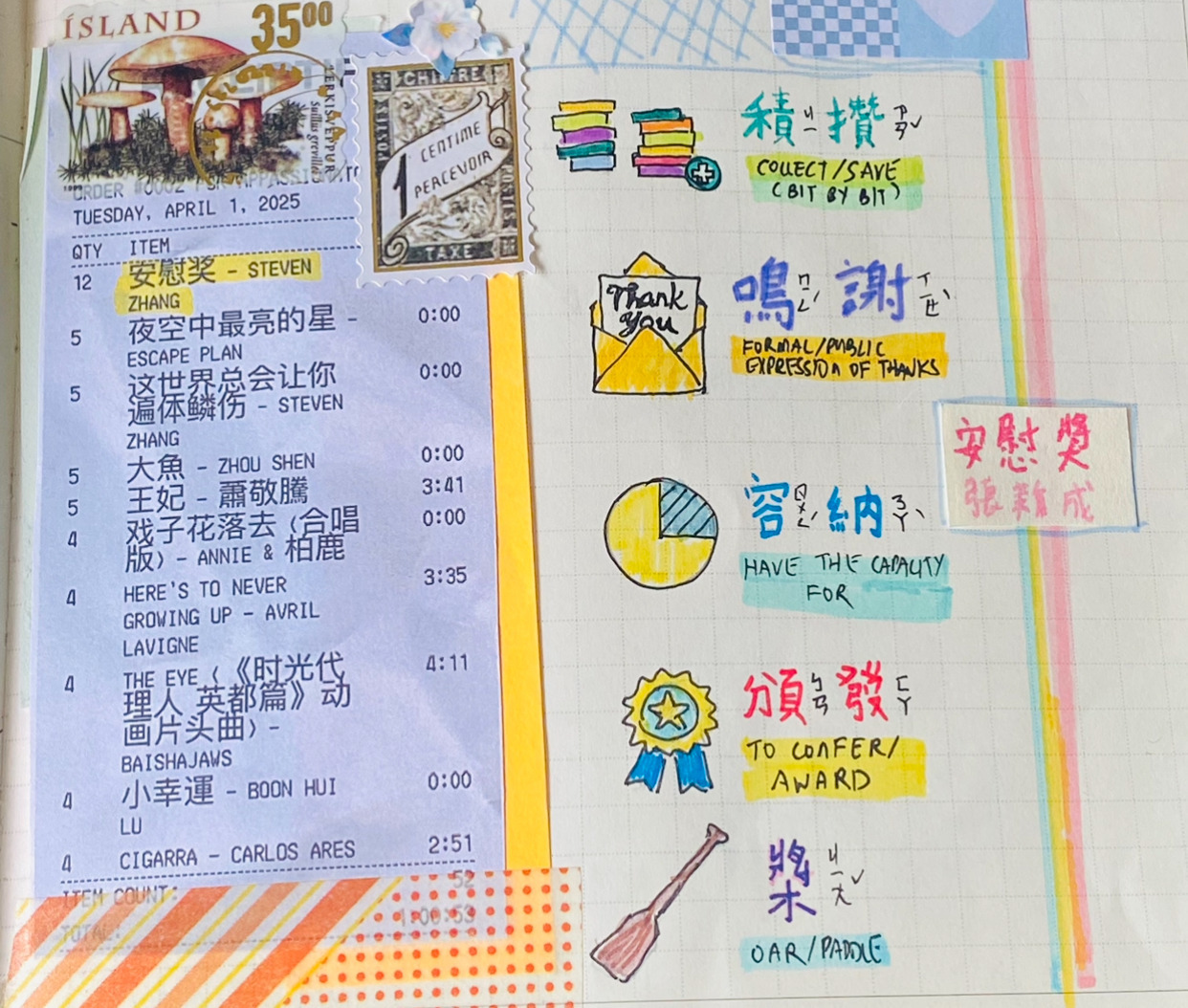 vocabulary for the song 安慰獎 by zhang xincheng 積攢 accumulate, 鳴謝 formal thanks, 容納 accommodate, 頒發 to confer/award, 槳 oar/paddle