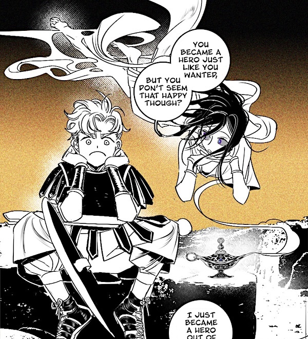 A young Rhett sulks. The djinn floats beside him. "You because a hero just like you wanted, but you don't seem that happy though?"