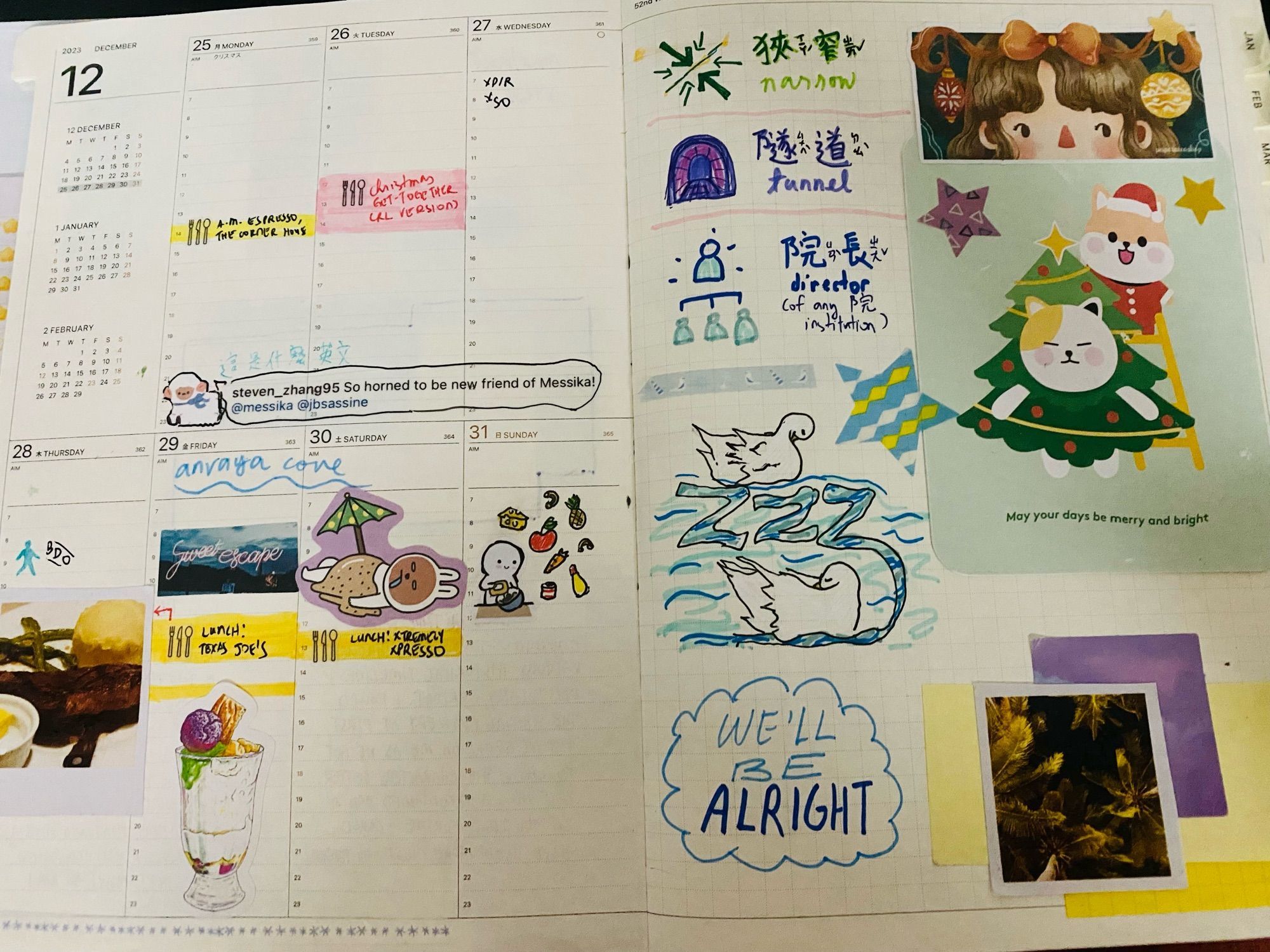 week 4 - Christmas Week, with vacation photos, a drawing of sleeping ducks, My Five Elements Lack You, and various ephemera